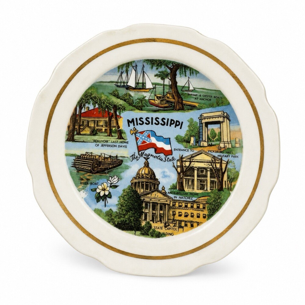 Vintage Mississippi Magnolia State Souvenir Plate Scenic Landmarks Gold Trim